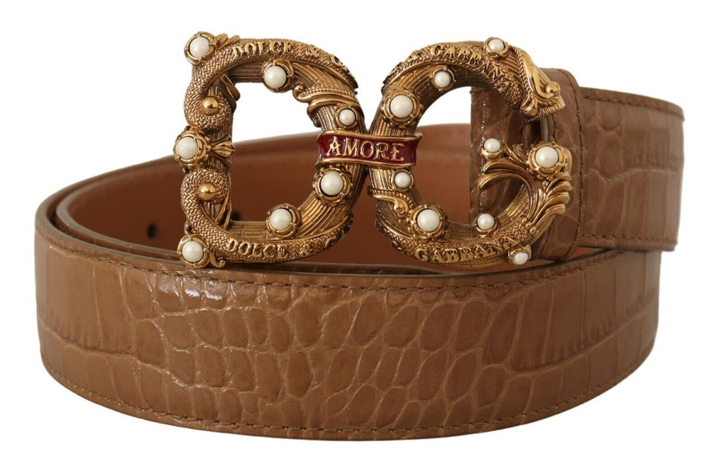 Brown Crocodile Pattern Leather Logo Amore  Belt - 75-cm-30-inches