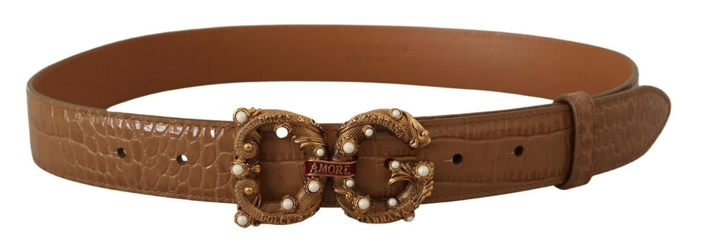 Brown Crocodile Pattern Leather Logo Amore  Belt - 75-cm-30-inches