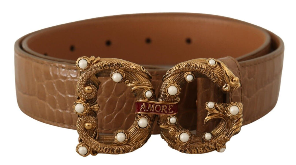 Brown Crocodile Pattern Leather Logo Amore  Belt - 75-cm-30-inches