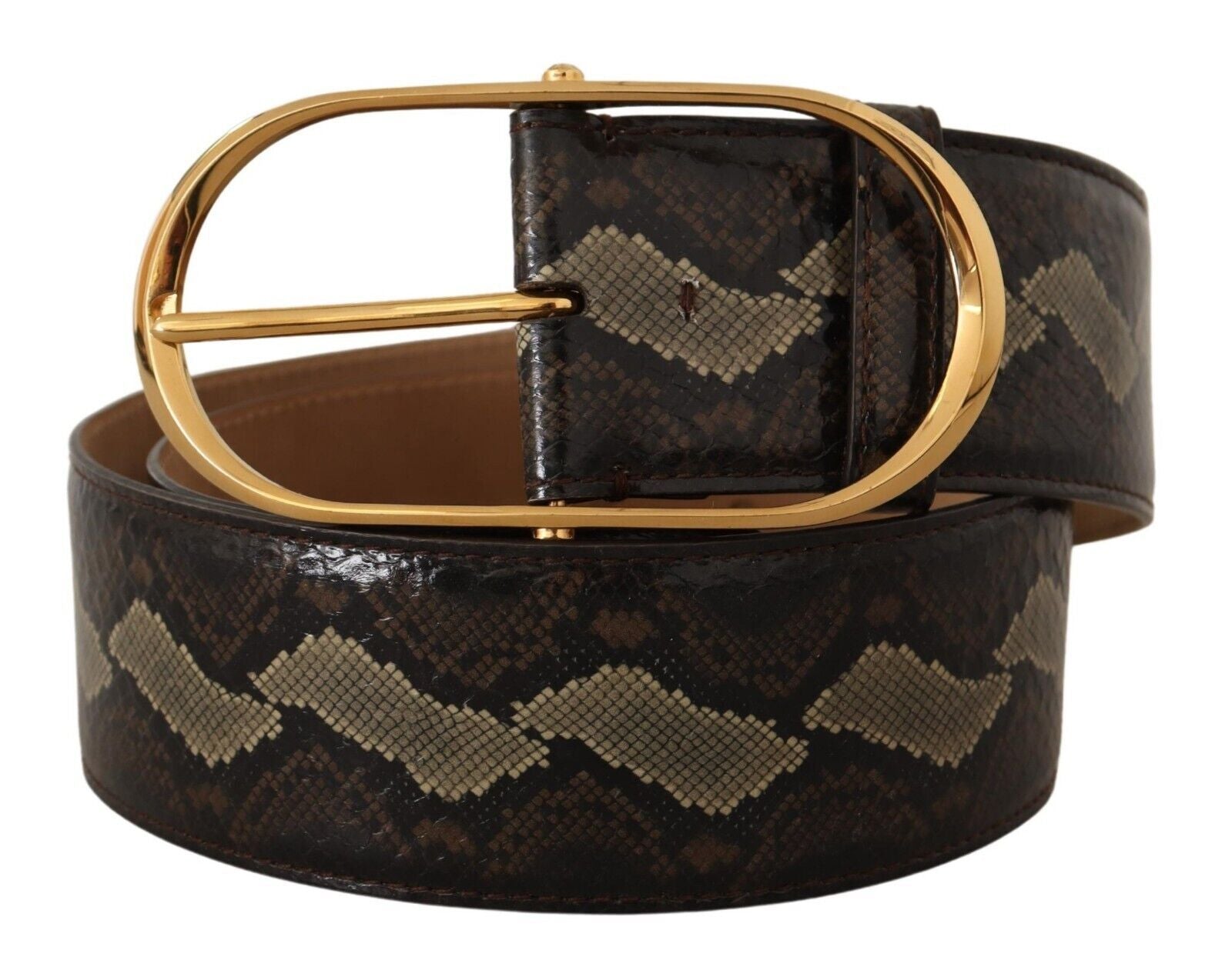 Brown Exotic Leather Gold Oval Buckle Belt - 75-cm-30-inches