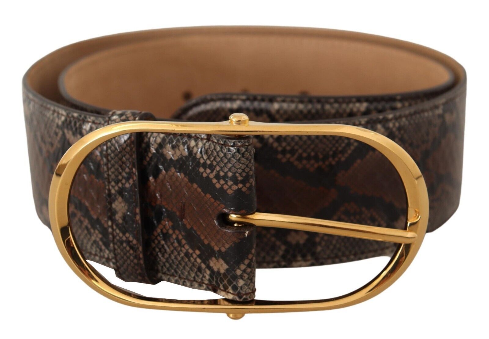 Brown Exotic Leather Gold Oval Buckle Belt - 80-cm-32-inches
