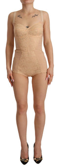 Beige Nylon Floral Lace Bodysuit Underwear - it36-xs