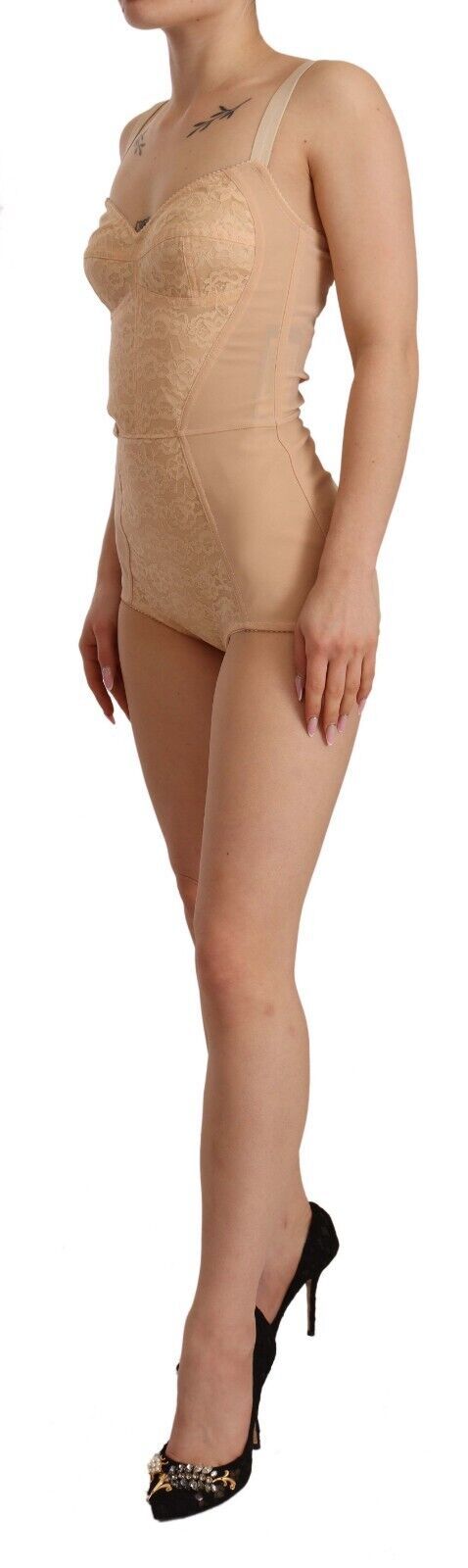 Beige Nylon Floral Lace Bodysuit Underwear - it36-xs
