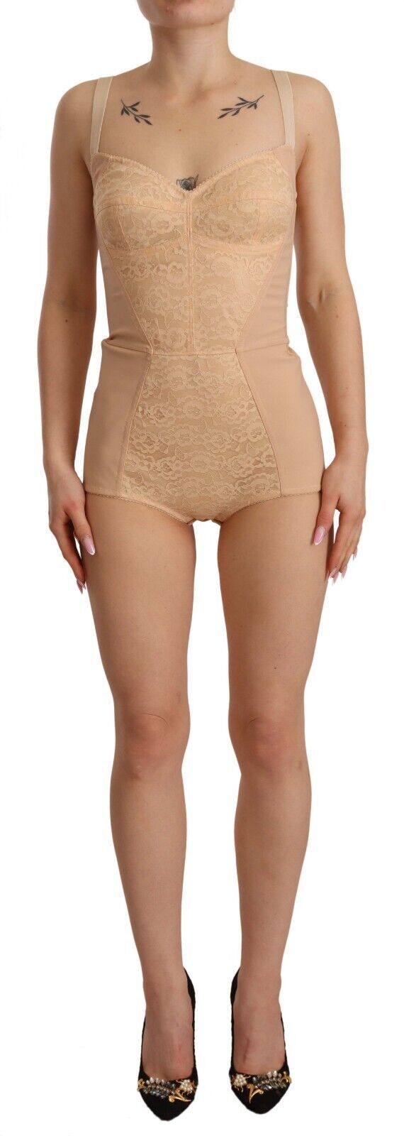 Beige Nylon Floral Lace Bodysuit Underwear - it38-xs