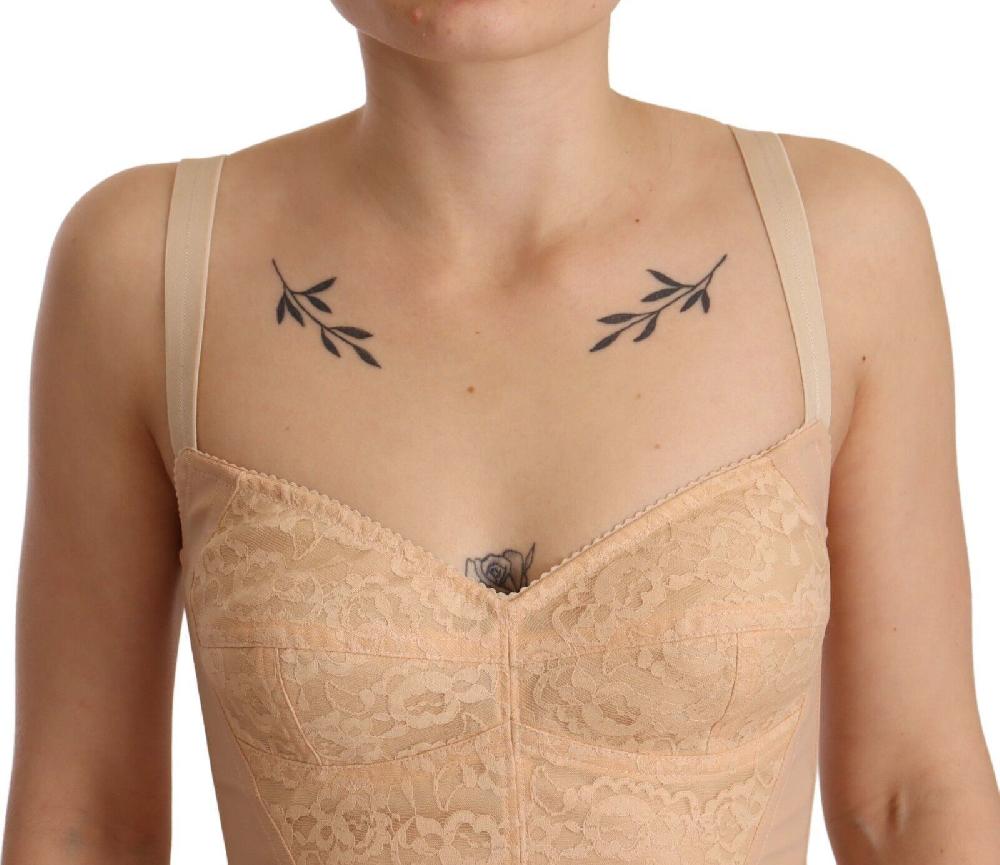 Beige Nylon Floral Lace Bodysuit Underwear - it40-s