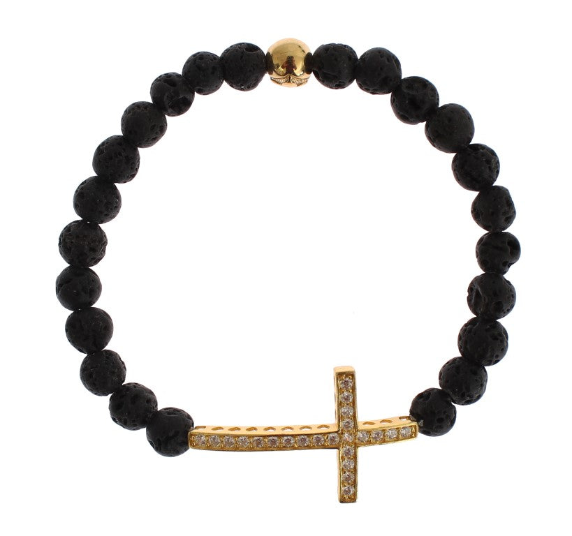 Lava Stone Gold Clear CZ Cross 925 Silver Bracelet - s