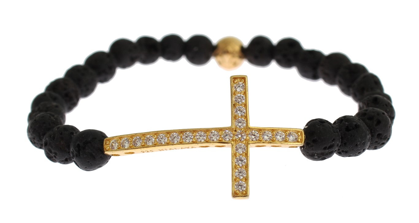 Lava Stone Gold Clear CZ Cross 925 Silver Bracelet - s