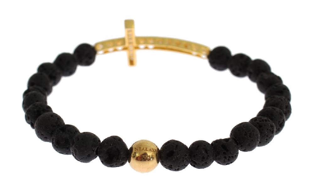 Lava Stone Gold Clear CZ Cross 925 Silver Bracelet - s