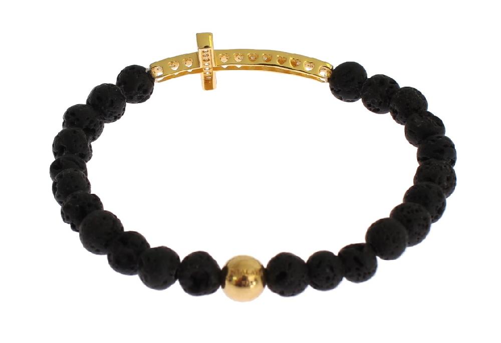 Lava Stone Gold Clear CZ Cross 925 Silver Bracelet - s