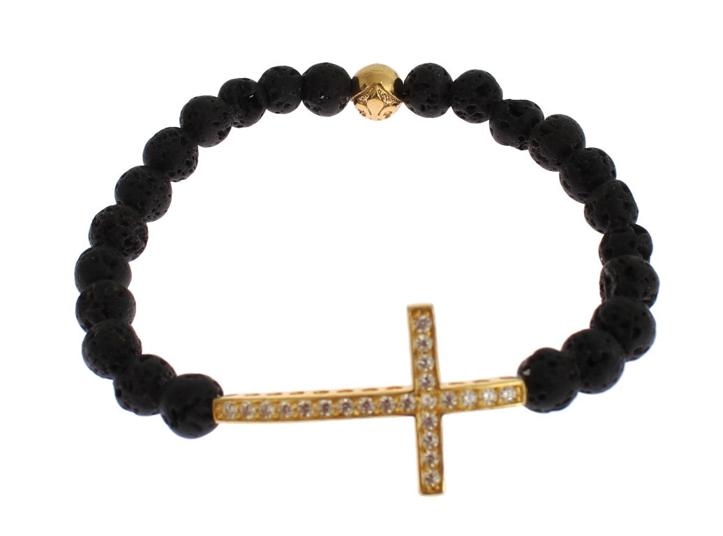 Lava Stone Gold Clear CZ Cross 925 Silver Bracelet - xs