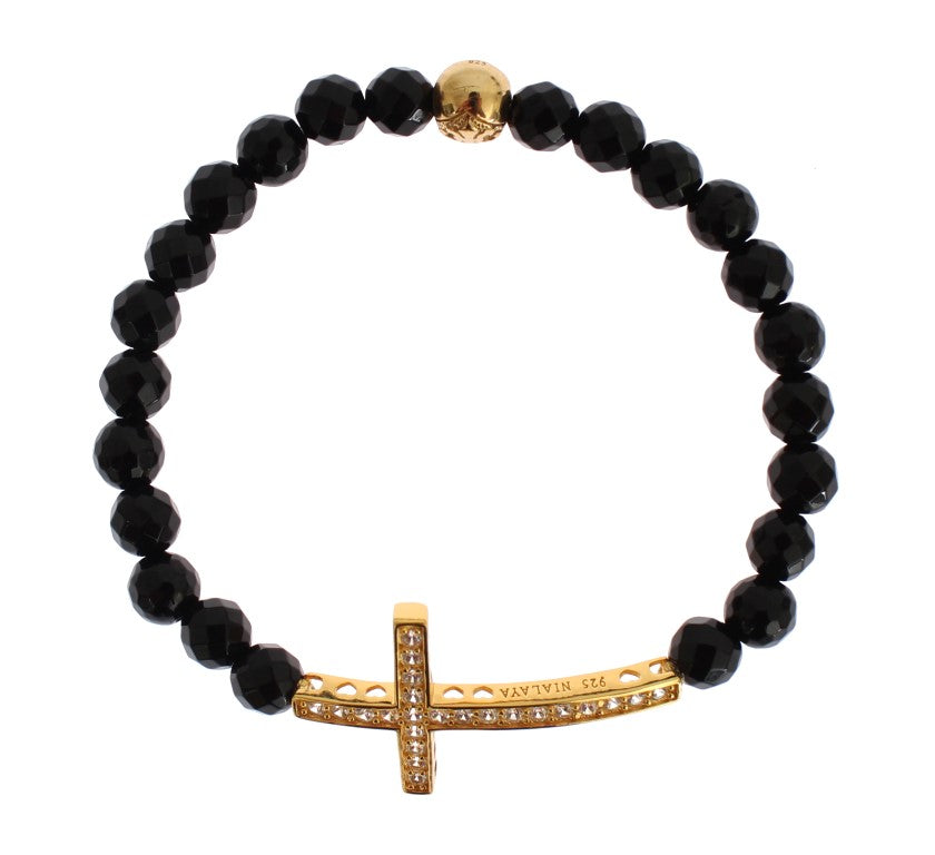 Agate Stone Gold CZ Cross 925 Silver Bracelet - m