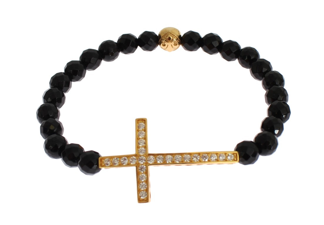 Agate Stone Gold CZ Cross 925 Silver Bracelet - m