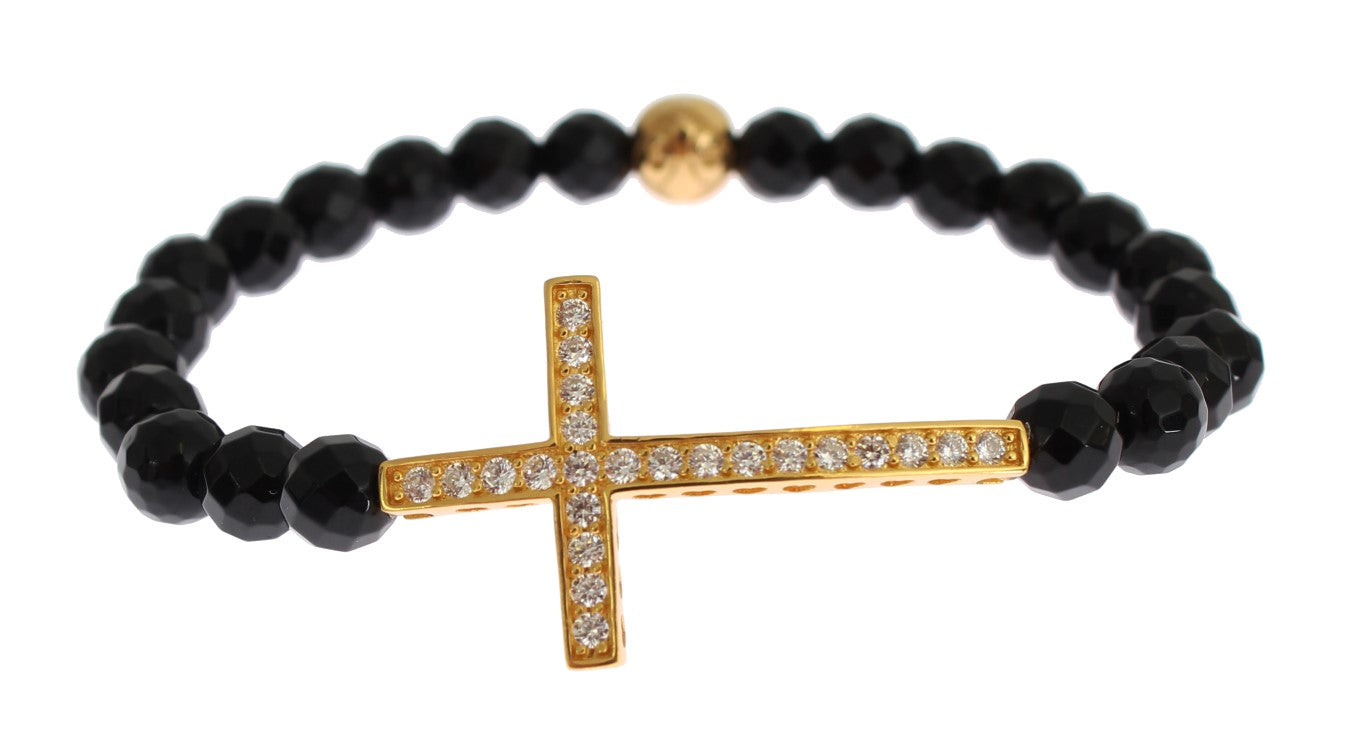 Agate Stone Gold CZ Cross 925 Silver Bracelet - m