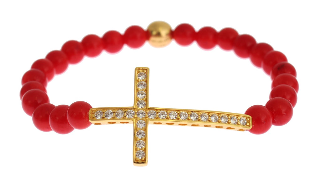 Red Coral Gold CZ Cross 925 Silver Bracelet - m