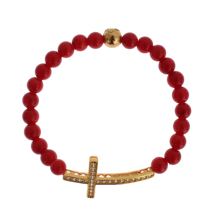 Red Coral Gold CZ Cross 925 Silver Bracelet - s