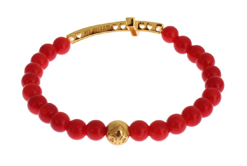 Red Coral Gold CZ Cross 925 Silver Bracelet - s