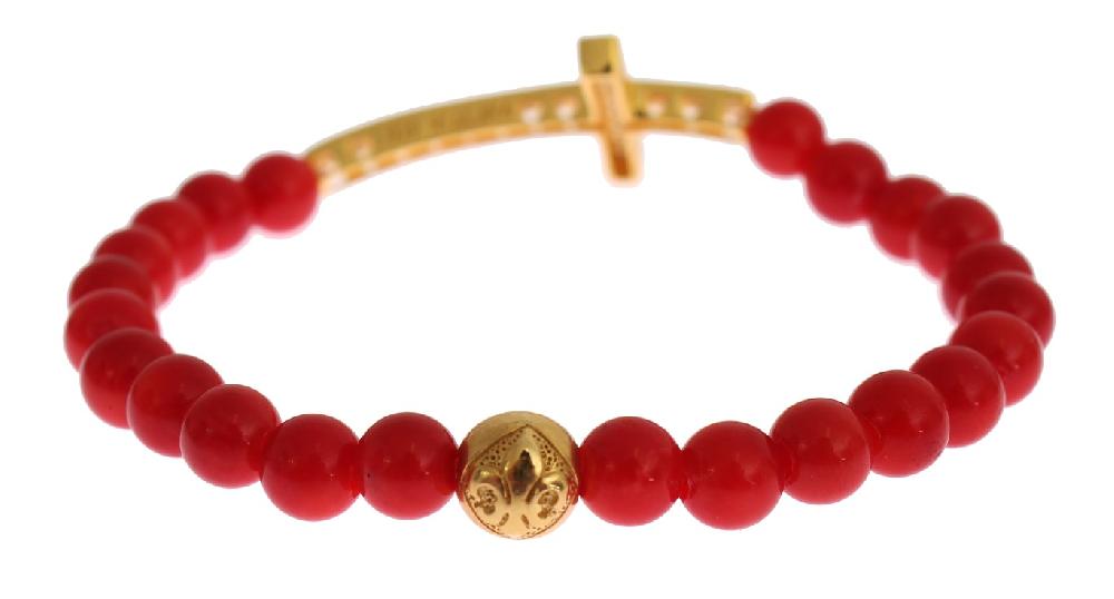 Red Coral Gold CZ Cross 925 Silver Bracelet - xs