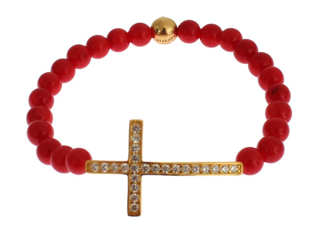 Red Coral Gold CZ Cross 925 Silver Bracelet - l