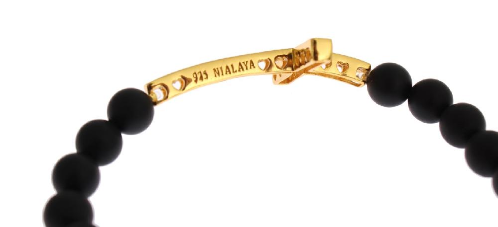 Matte Onyx Stone Gold CZ Cross 925 Silver Bracelet - xs