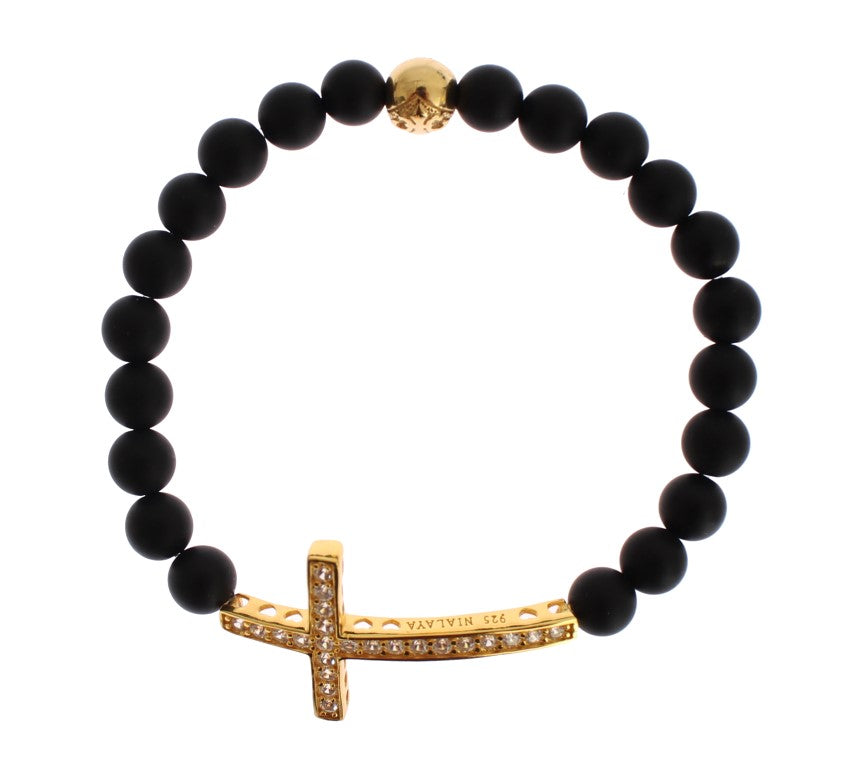 Matte Onyx Stone Gold CZ Cross 925 Silver Bracelet - m