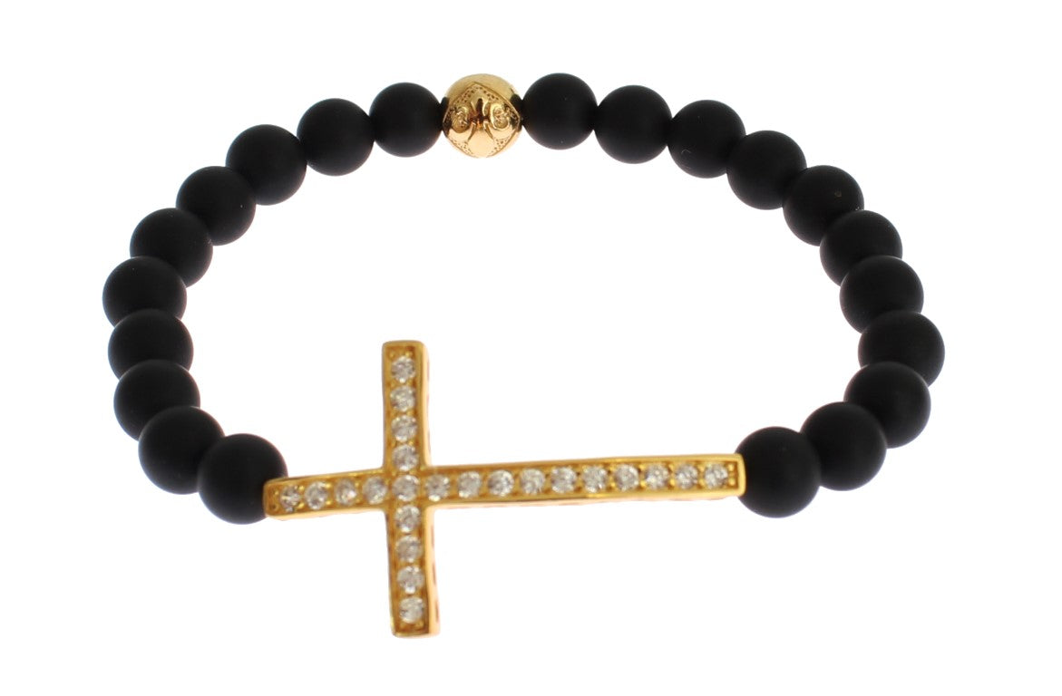 Matte Onyx Stone Gold CZ Cross 925 Silver Bracelet - m