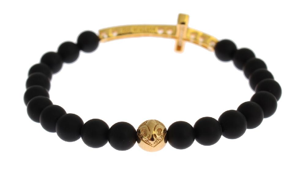 Matte Onyx Stone Gold CZ Cross 925 Silver Bracelet - m