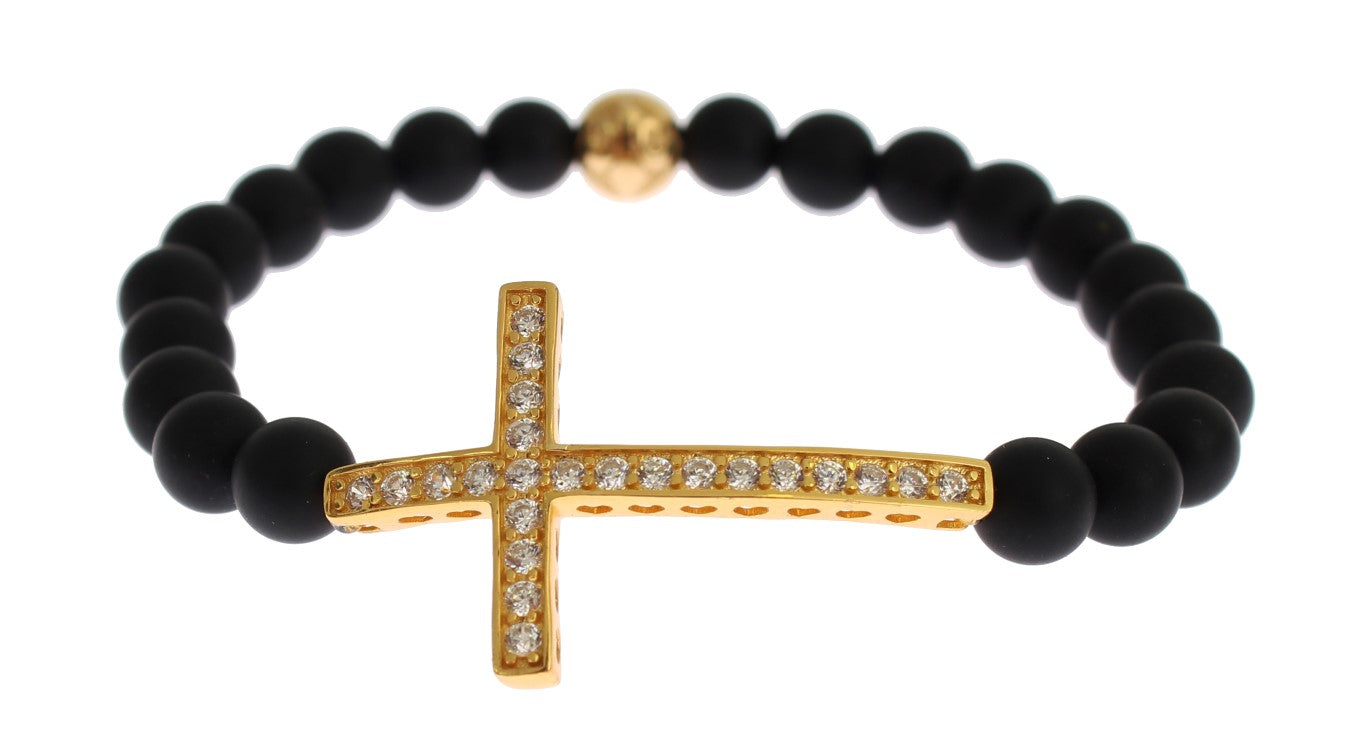 Matte Onyx Stone Gold CZ Cross 925 Silver Bracelet - s