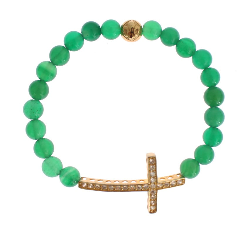 Jade Stone Gold CZ Cross 925 Silver Bracelet - s