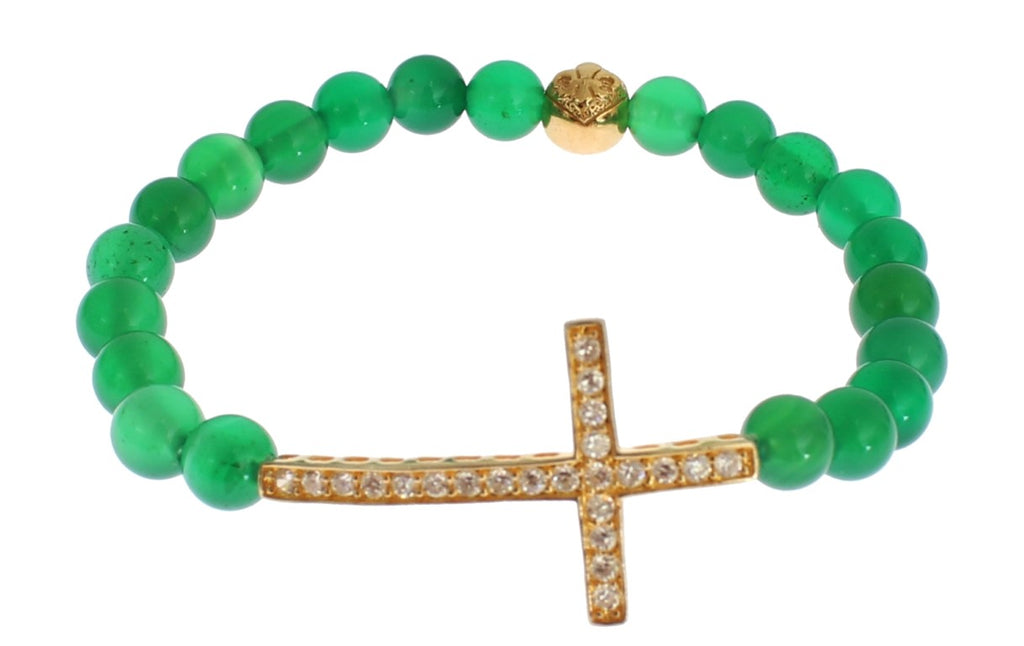 Jade Stone Gold CZ Cross 925 Silver Bracelet - s