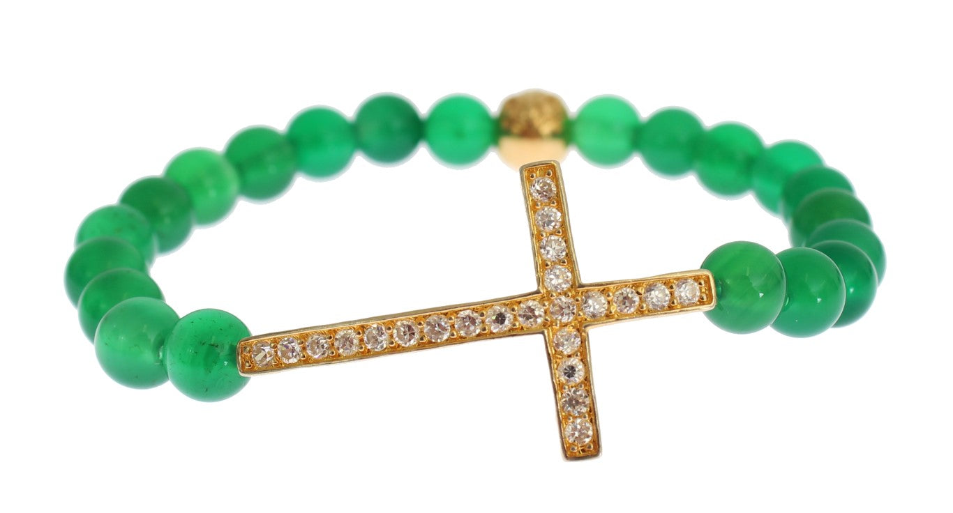 Jade Stone Gold CZ Cross 925 Silver Bracelet - xs