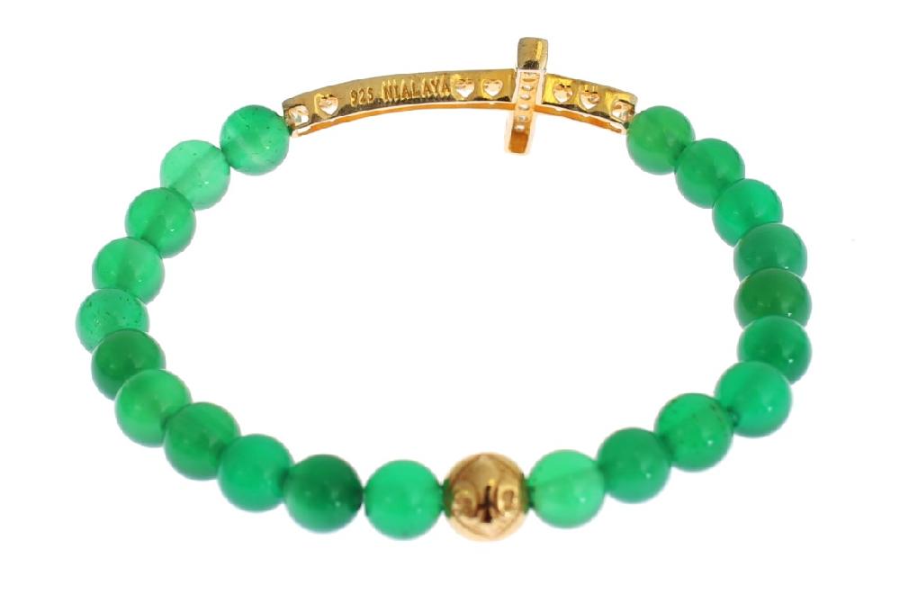 Jade Stone Gold CZ Cross 925 Silver Bracelet - xs