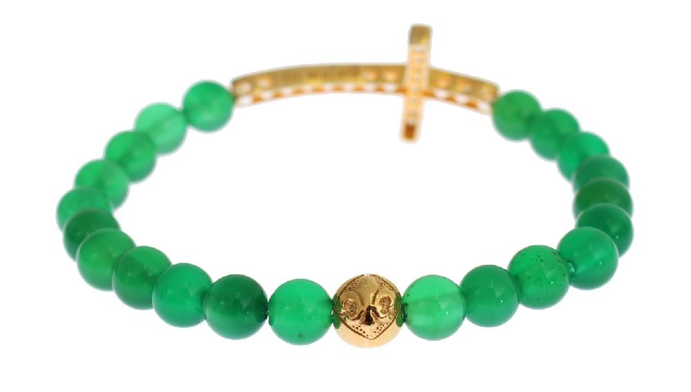 Jade Stone Gold CZ Cross 925 Silver Bracelet - xs