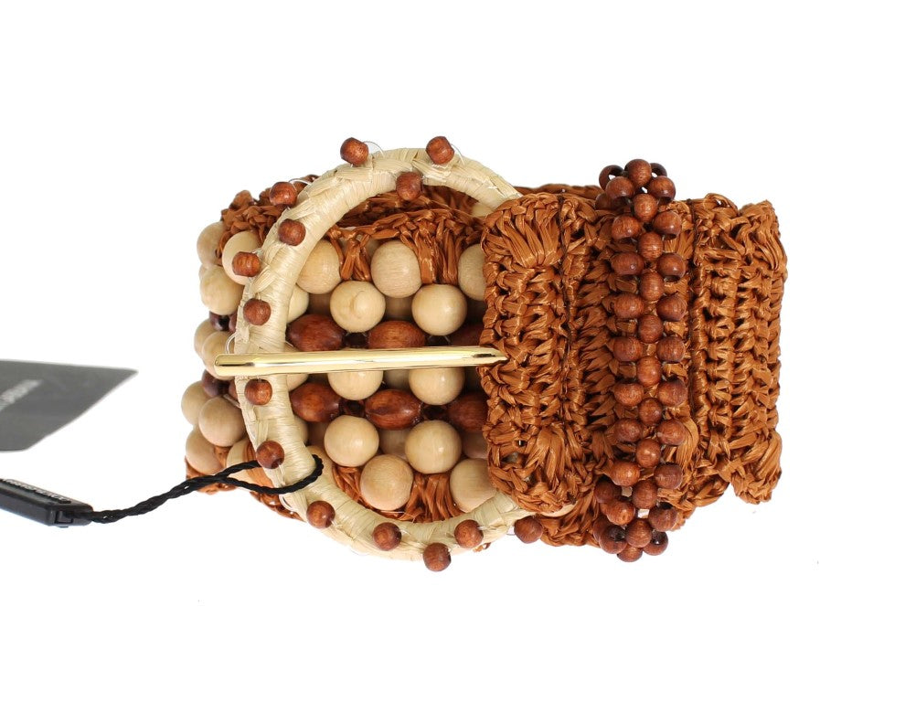 Brown Raffia Wood Beaded Wide Waist Belt - 65-cm-26-inches