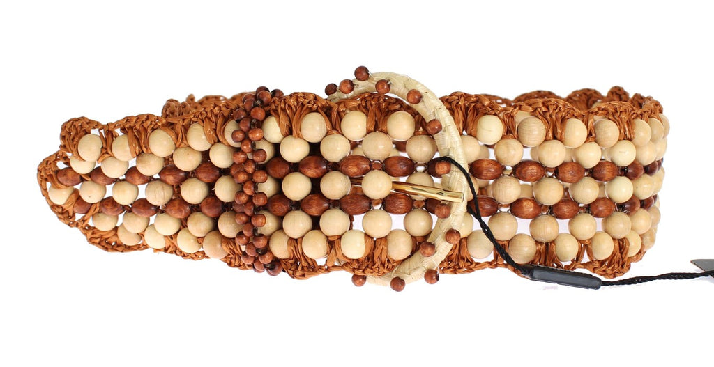 Brown Raffia Wood Beaded Wide Waist Belt - 65-cm-26-inches