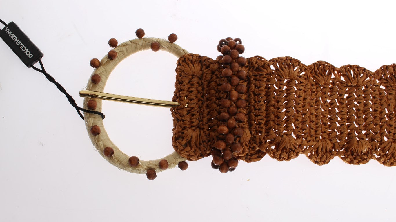 Brown Raffia Wood Beaded Wide Waist Belt - 65-cm-26-inches