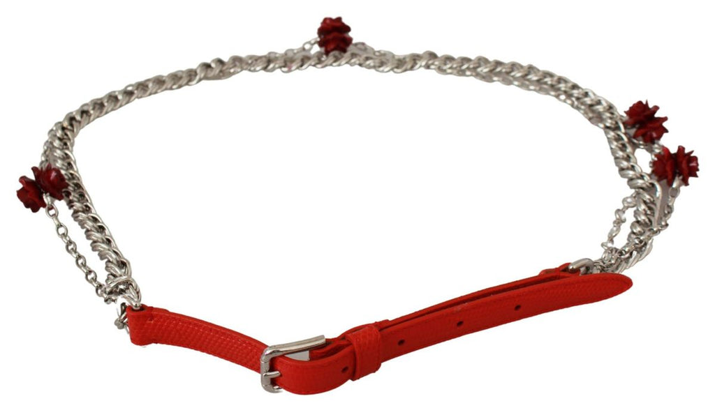 Red Leather Roses Floral Silver Waist Belt - 80-cm-32-inches