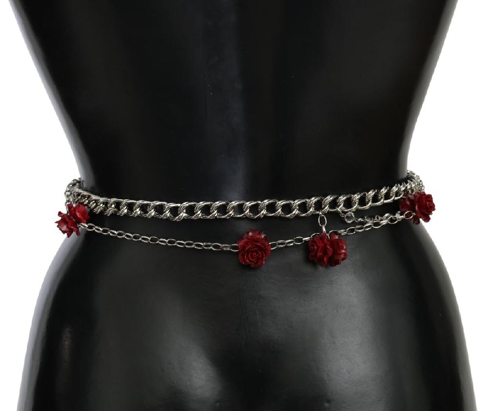 Red Leather Roses Floral Silver Waist Belt - 80-cm-32-inches