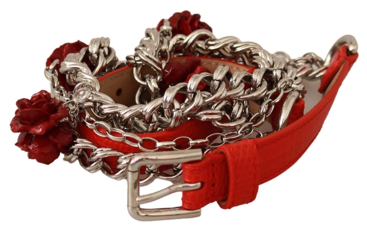 Red Leather Roses Floral Silver Waist Belt - 70-cm-28-inches