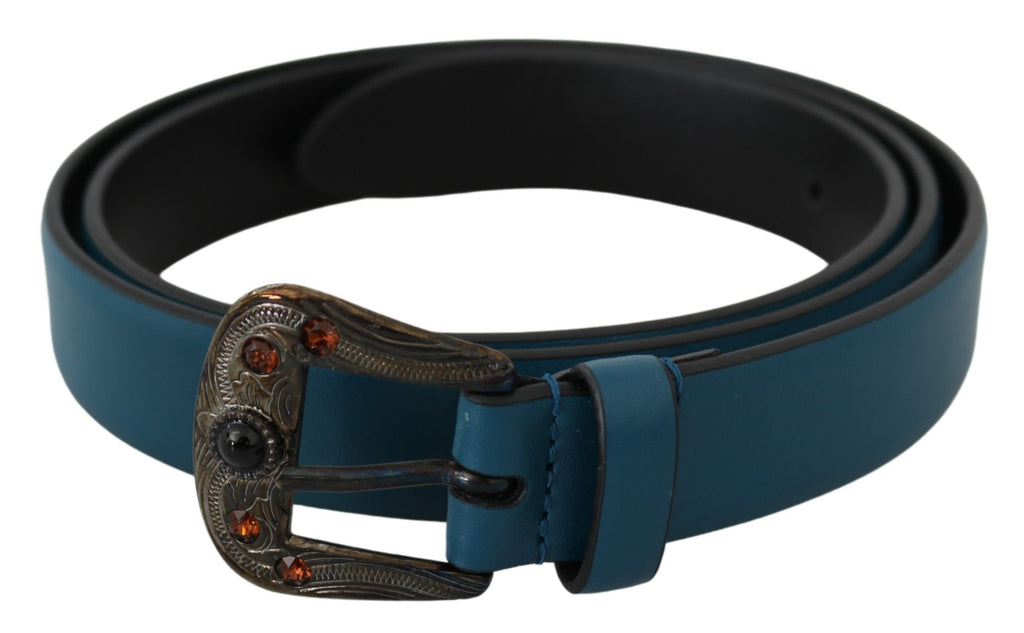 Blue Leather Amber Crystal Baroque Buckle Belt - 90-cm-36-inches