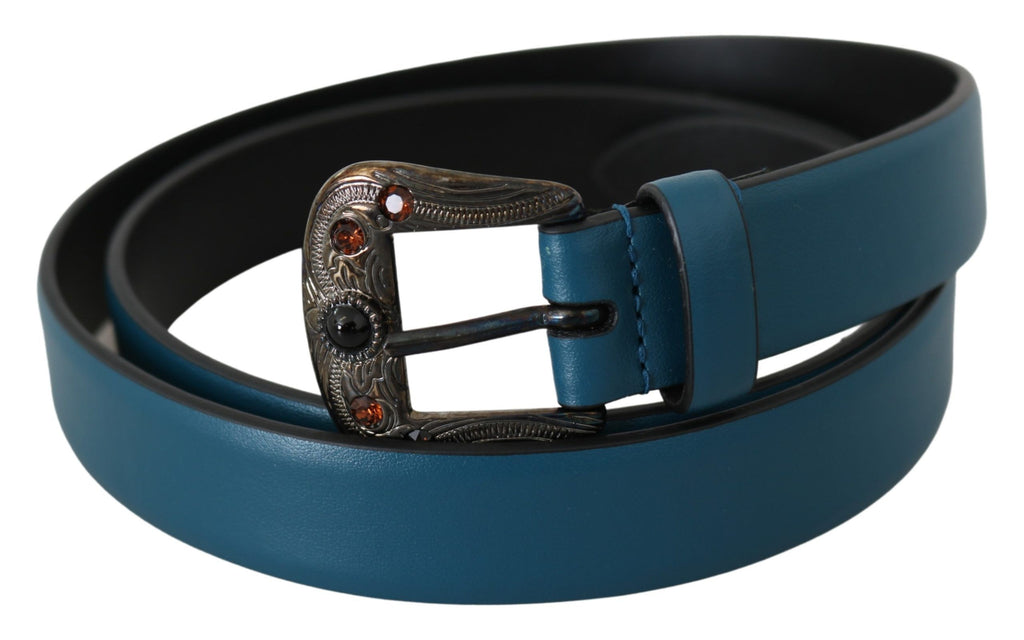 Blue Leather Amber Crystal Baroque Buckle Belt - 90-cm-36-inches