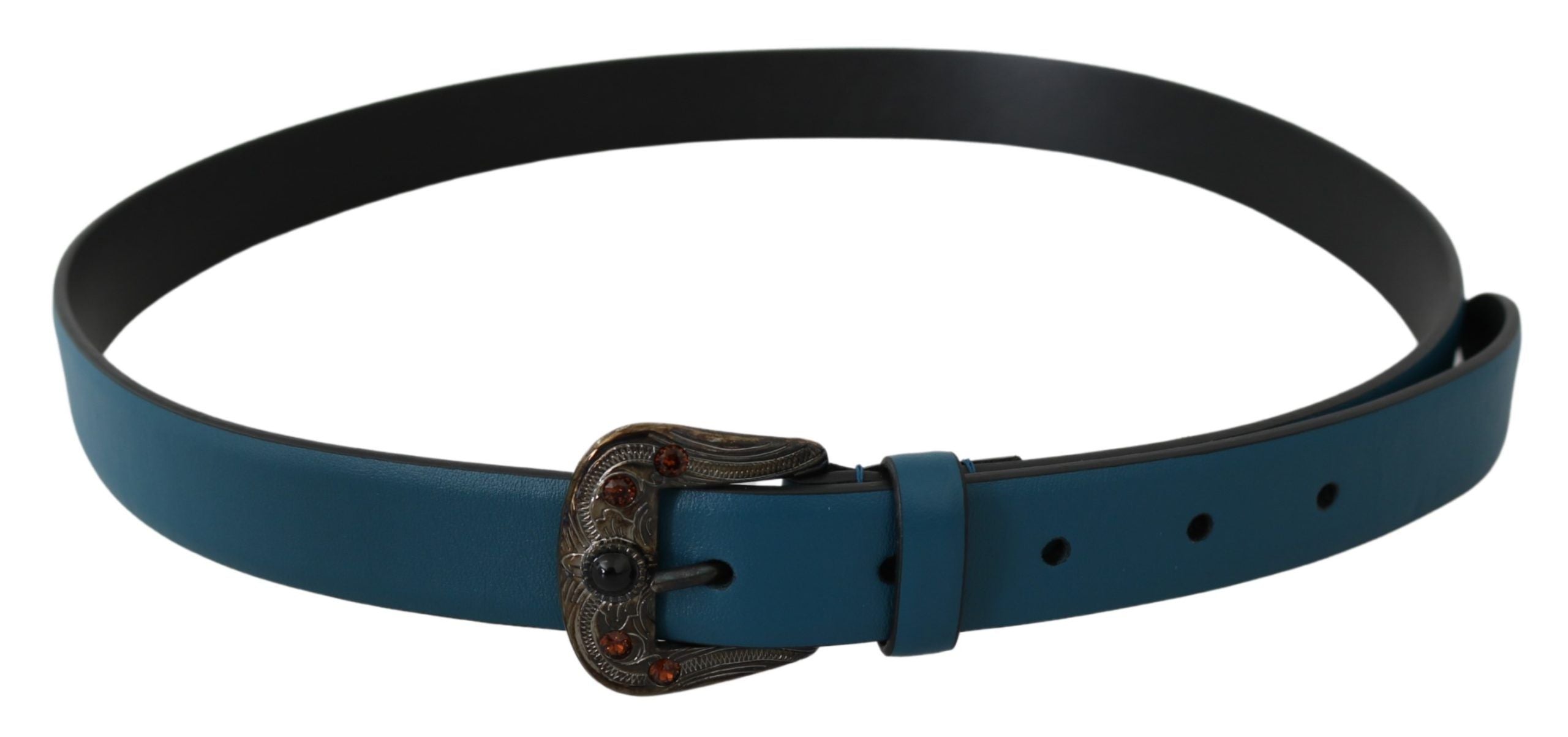 Blue Leather Amber Crystal Baroque Buckle Belt - 90-cm-36-inches
