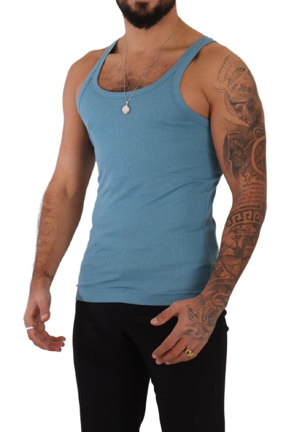 Blue Cotton Round Neck T-shirt Tank Underwear - it4-s