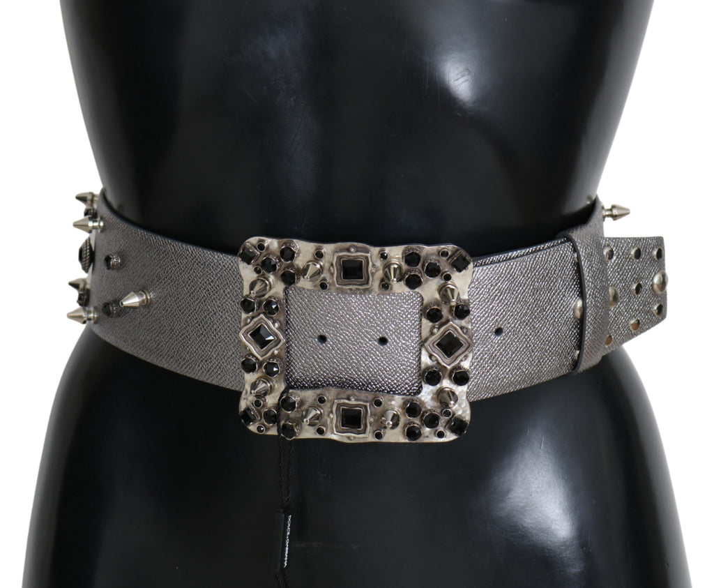 Silver Leather Crystal Stud Logo Buckle Belt - 70-cm-28-inches