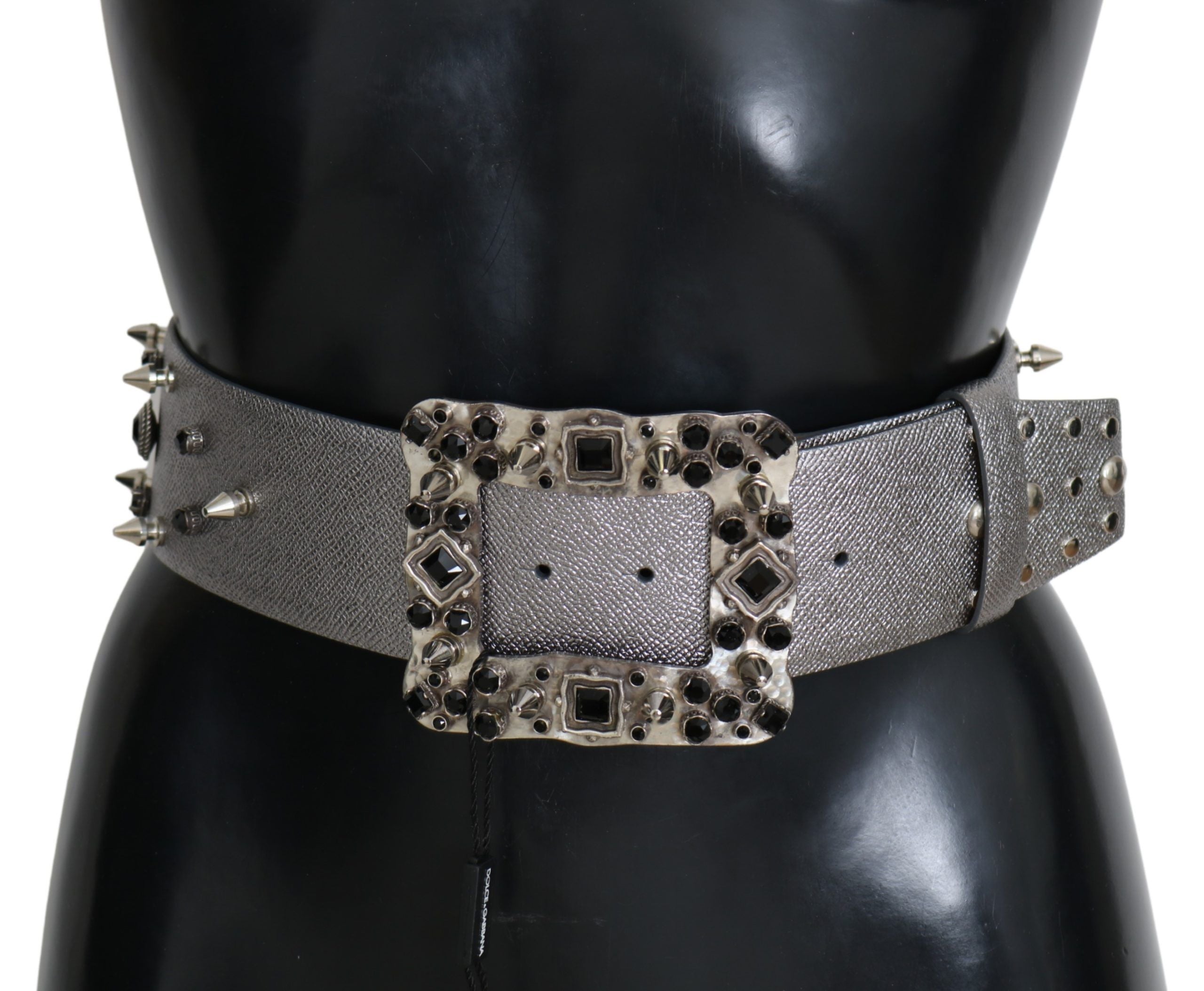 Silver Leather Crystal Stud Logo Buckle Belt - 70-cm-28-inches