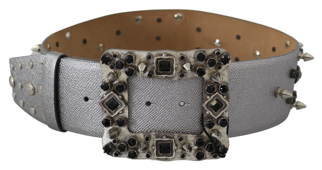 Silver Leather Crystal Stud Logo Buckle Belt - 70-cm-28-inches