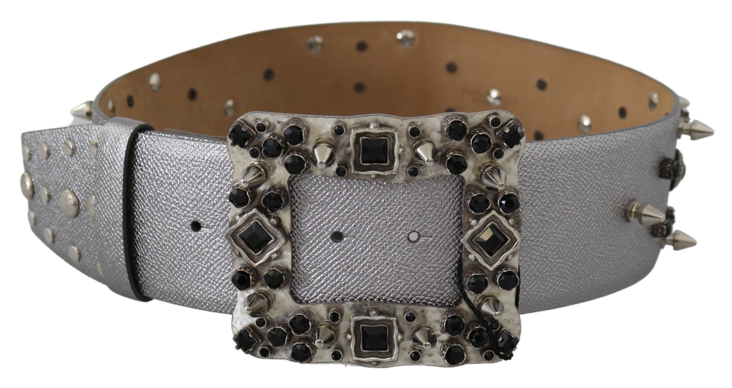 Silver Leather Crystal Stud Logo Buckle Belt - 70-cm-28-inches