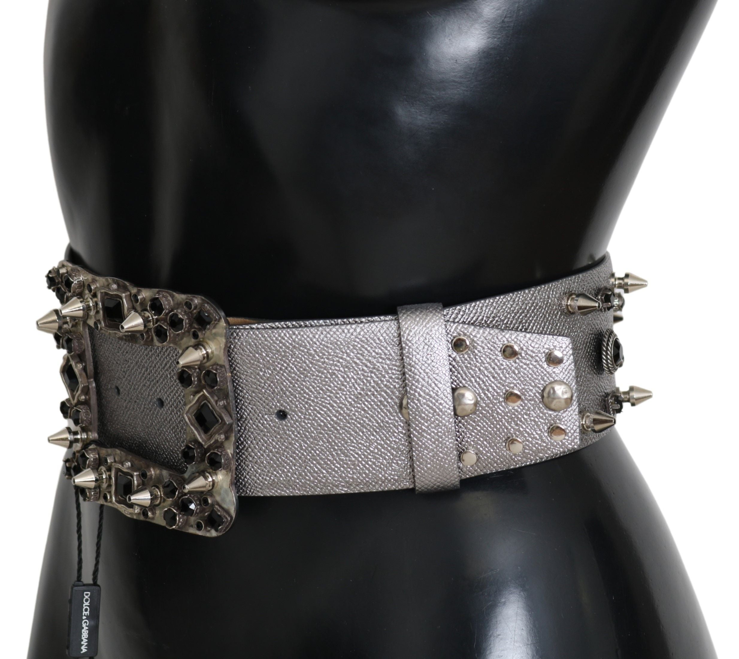 Silver Leather Crystal Stud Logo Buckle Belt - 70-cm-28-inches