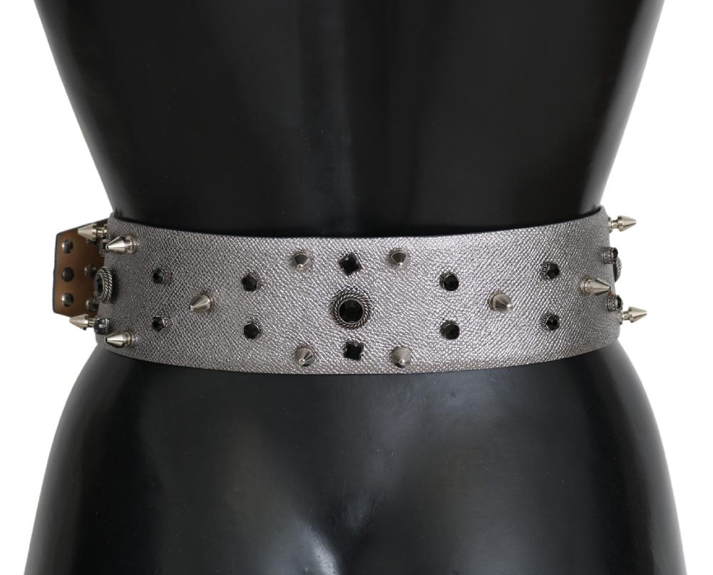 Silver Leather Crystal Stud Logo Buckle Belt - 70-cm-28-inches