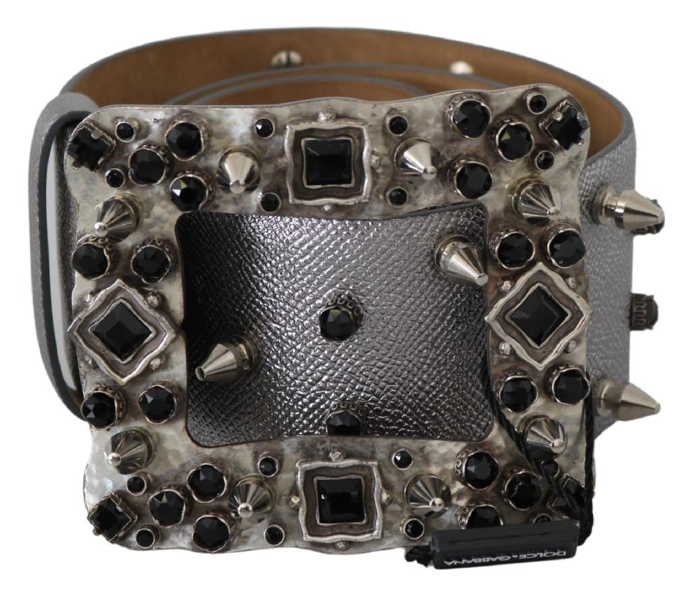 Silver Leather Crystal Stud Logo Buckle Belt - 70-cm-28-inches