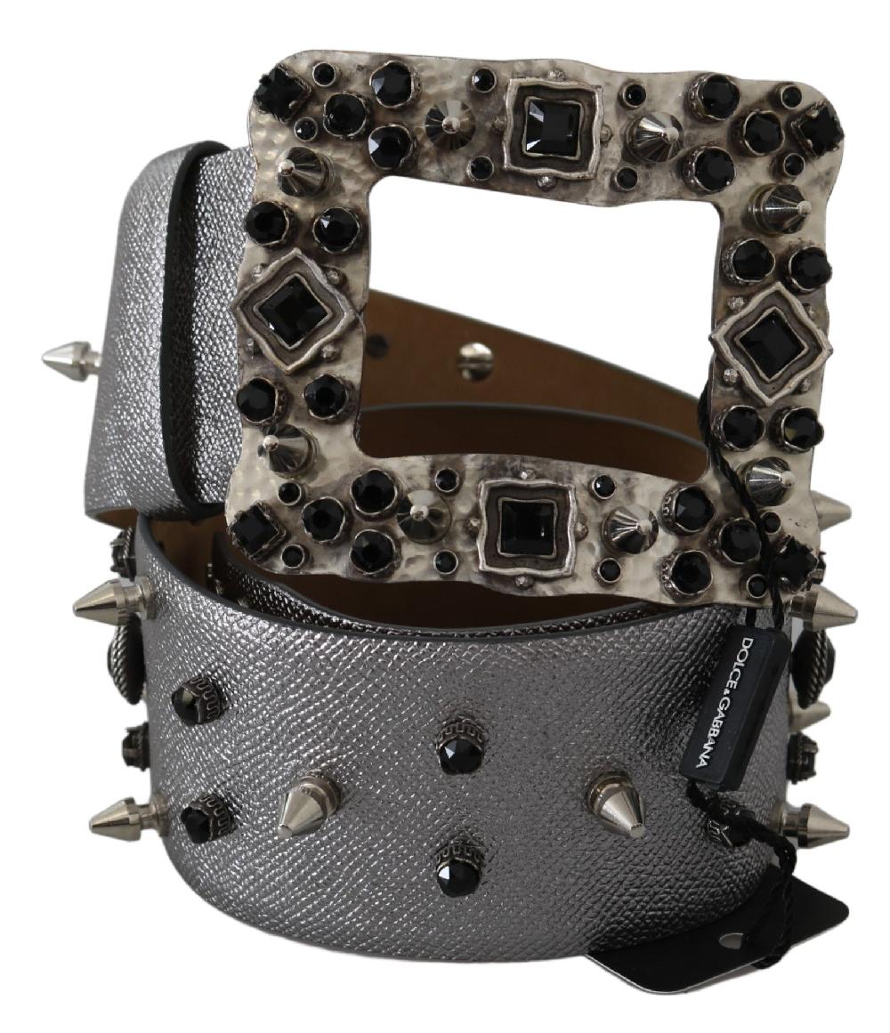 Silver Leather Crystal Stud Logo Buckle Belt - 70-cm-28-inches